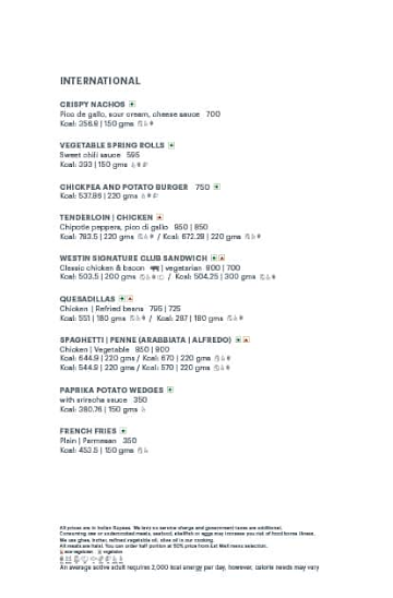 Willows, The Westin Chennai Velachery menu 