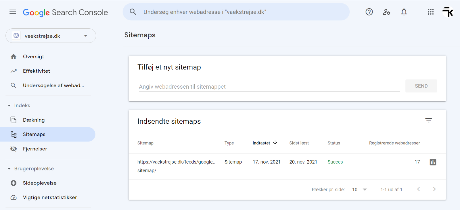 Google Search Console - indsendte sitemaps