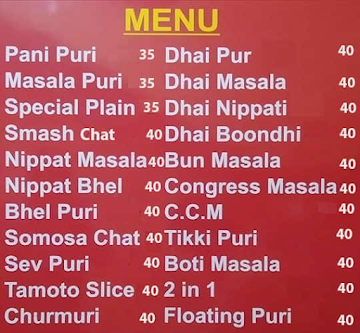 Pani Puri And Chats menu 