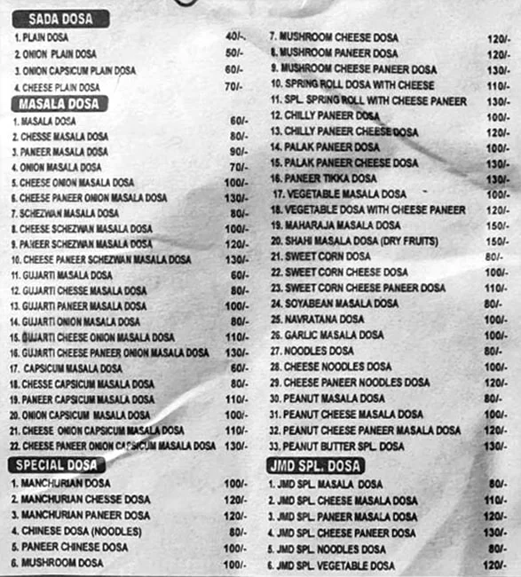 JMD Dosa Corner menu 