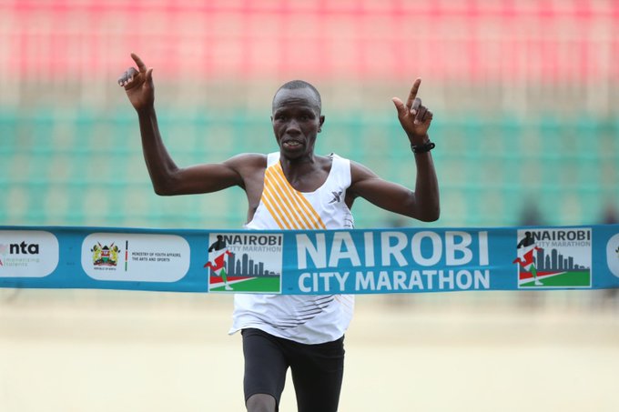 Robert Kipkemboi tops the men’s 42km during the Nairobi City Marathon at Nyayo Stadium on July 2, 2023.