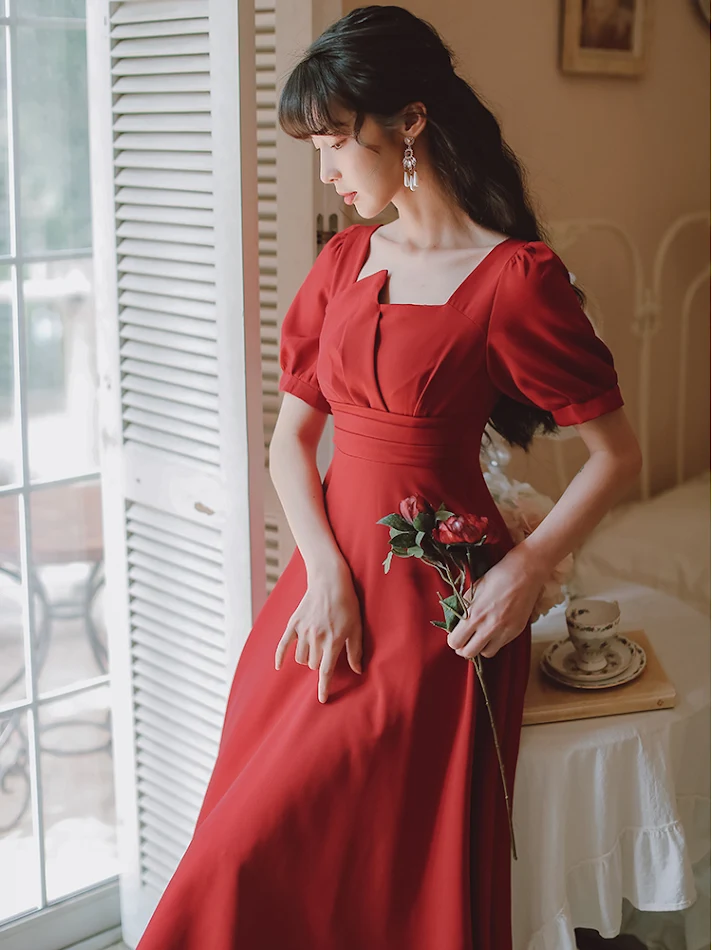 Vestido rojo francés de verano para mujer, versátil, para un look salado o dulce, perfecto para cualquier ocasión veraniega, cómodo y elegante.