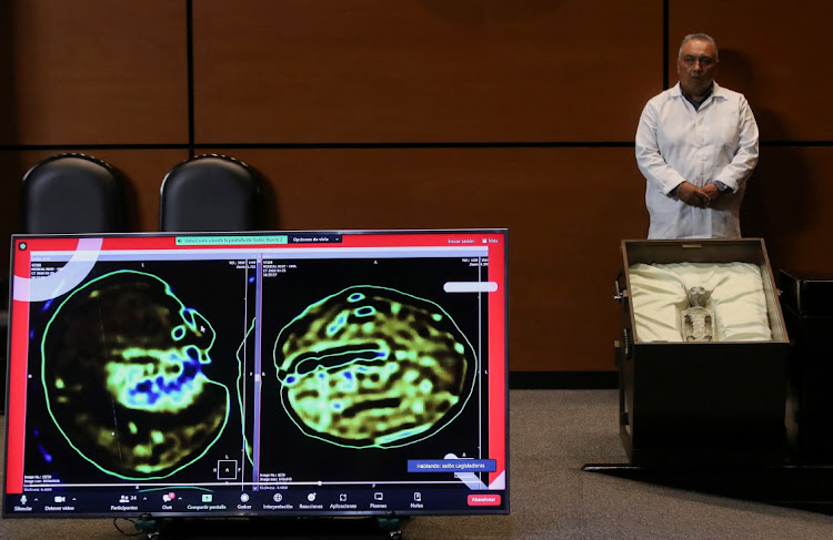 Remains of an allegedly 'non-human' being is seen on display during a briefing on unidentified flying objects, known as UFOs, at the San Lazaro legislative palace, in Mexico City, Mexico September 12, 2023.