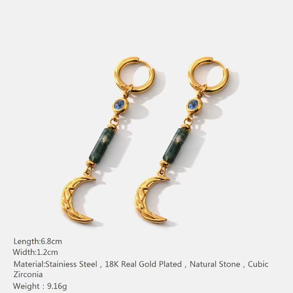 Boucles d'oreilles en pierre naturelle créatives Acier inoxydable Plaqué or véritable 18K Pendentif lune Élégance et éclat au quotidien.