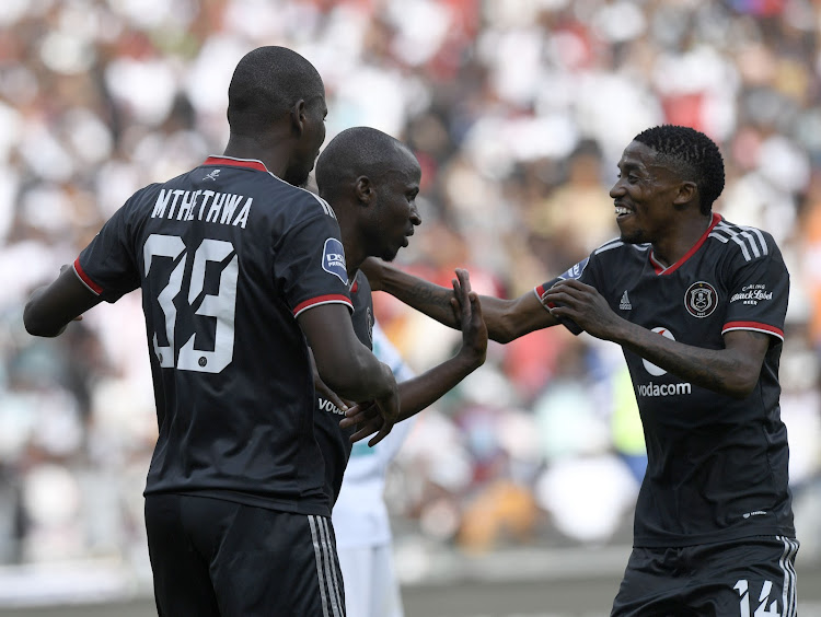 Orlando Pirates attacker Monnapule Saleng celebrates his goal with teammates during their DStv Premiership clash against Cape Town City at Orlando Stadium on 22 April 2023.