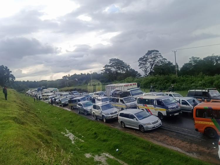 Vehicles piled up on Nairobi-Nakuru highway at Kinale Forest following heavy traffic on Friday, April 19, 2024.