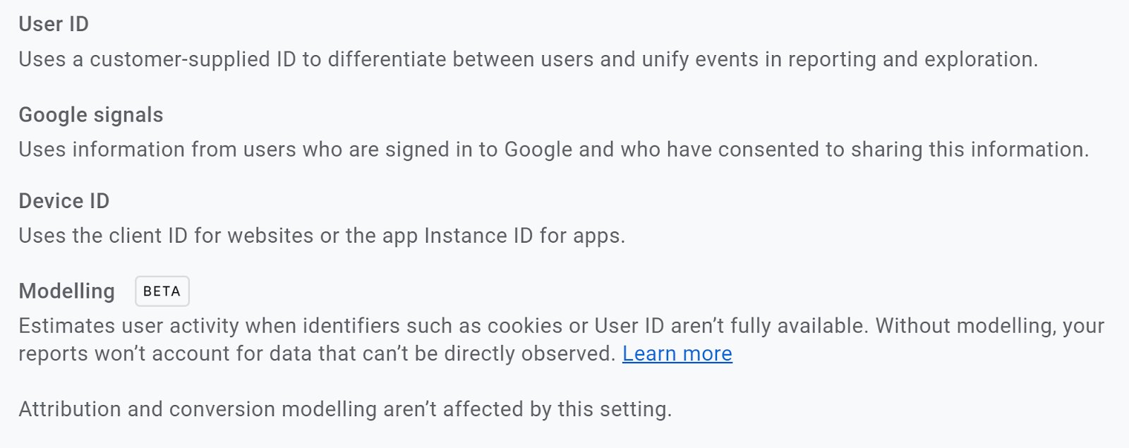 Google Analytics 4 (GA4) user identity methids - listing User ID, Google Signals, Device ID and Modelling