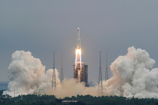 The Long March-5B Y2 rocket, carrying the core module of China's space station Tianhe, takes off from Wenchang Space Launch Center in Hainan province, China April 29, 2021.