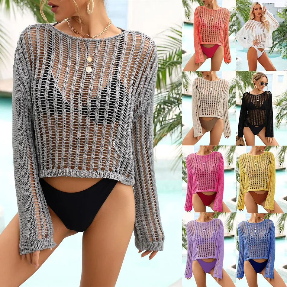 Chemisier de plage en crochet ajouré, couverture parfaite. Léger et aéré, ce haut en tricot est idéal pour les vacances et pour se protéger du soleil avec élégance.