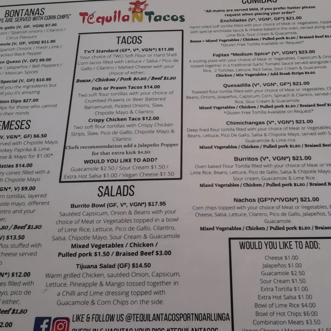 Tequila N Tacos gluten-free menu