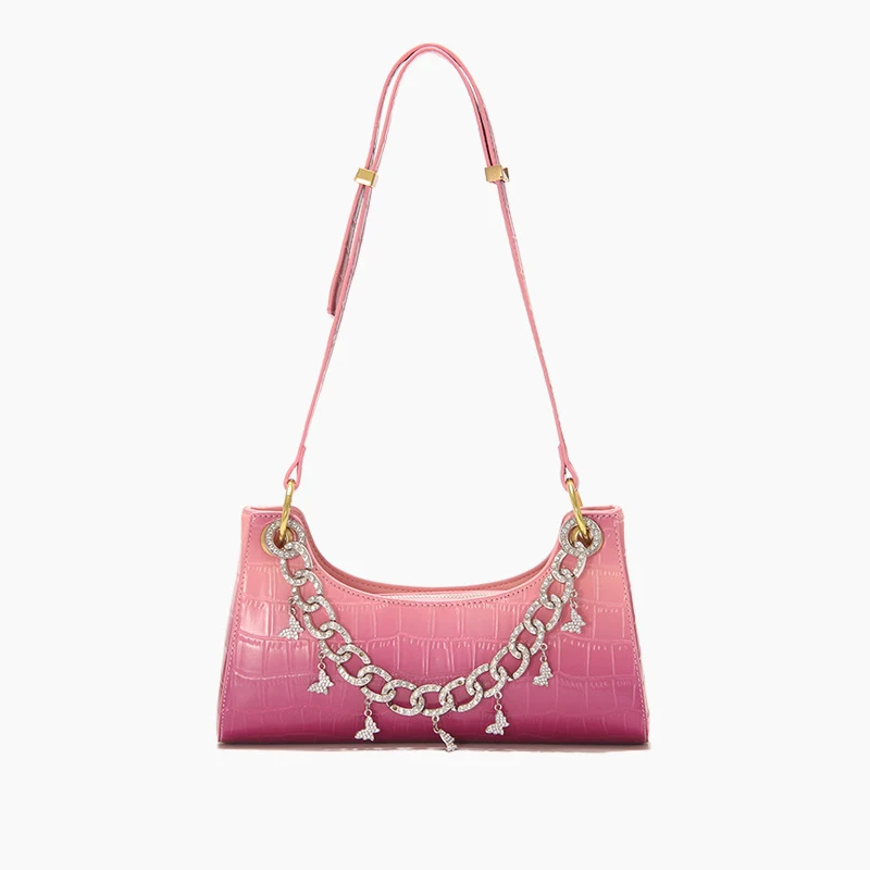 Rainbow Baguette Croc Froggy Gradient Women Shoulder Bags New Fashion Handbag Pearl Chain Diamond Metal Female Bag Summe