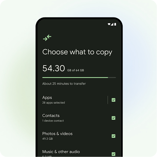 An Android phone screen with the title “Choose what to copy”. There is a progress bar of how much has transferred as well as a checked off list of data to transfer including Apps, Contacts, Photos & videos and Music & other audio,”