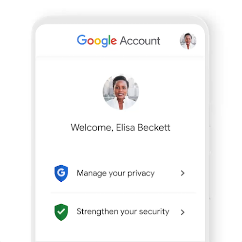 Google Account mobile menu shows privacy and security recommendations.