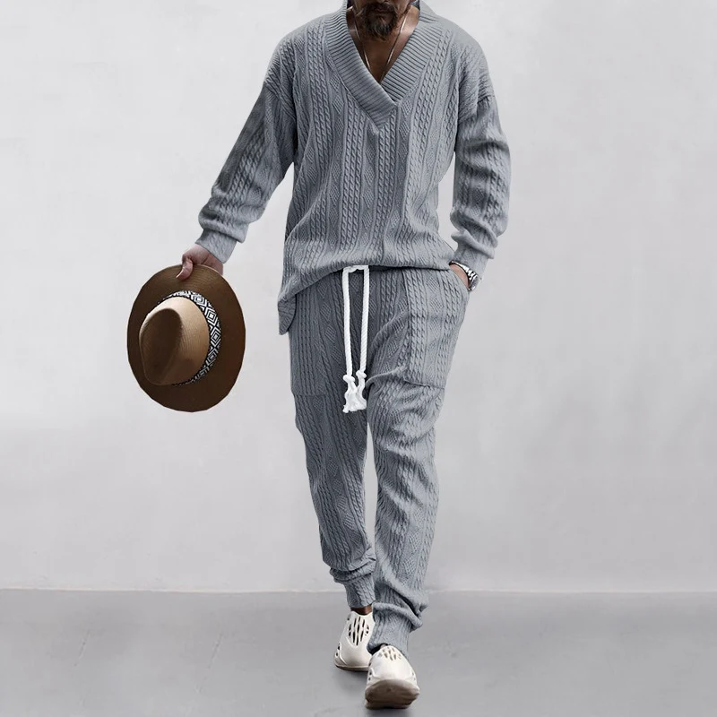 Men's Casual Trousers V-neck All-matching Jacquard Sweater Set for a comfortable and stylish everyday outfit. Versatile.