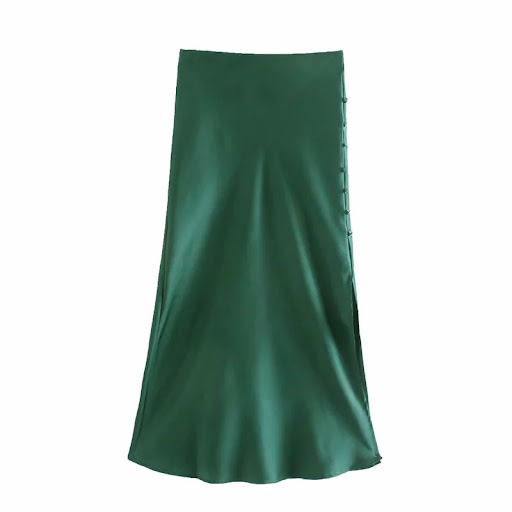 Title 6, Ladies Fashion Buttoned Slit Satin Skirt Achiev...