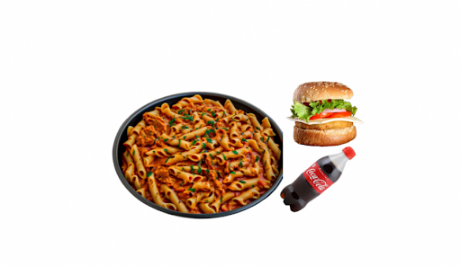 Paneer Tikka Pasta ( Red Sauce) & Veg Burger Combo