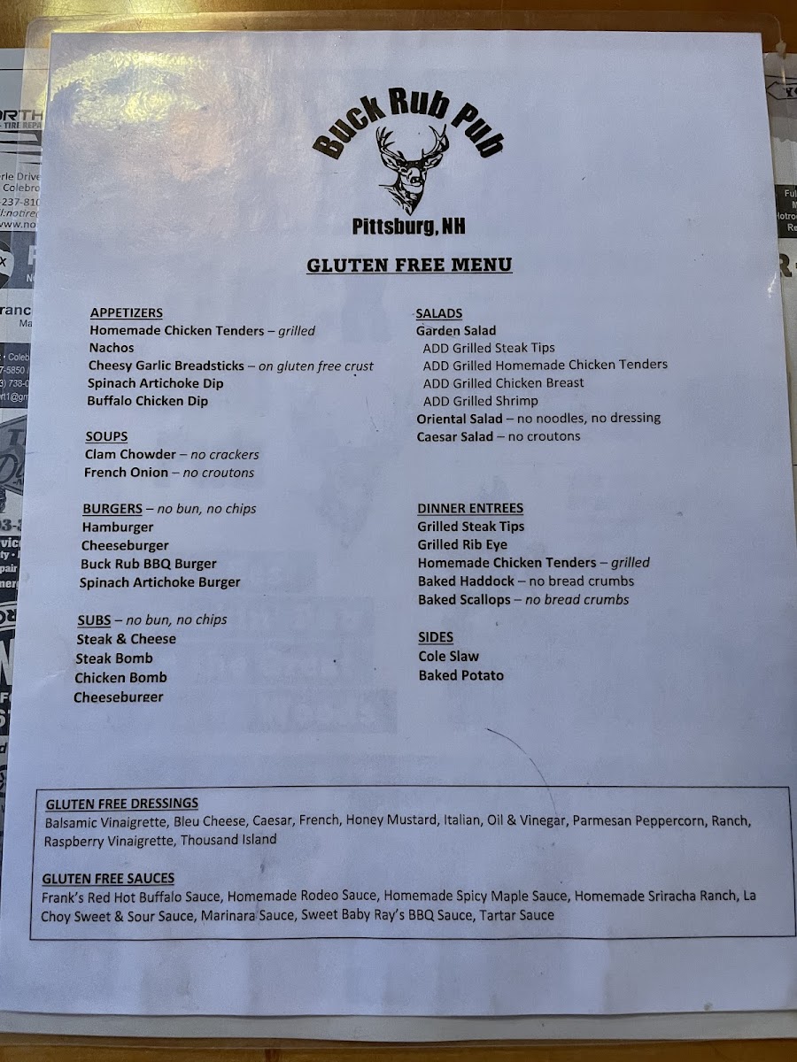 Buck Rub Pub & Lodge gluten-free menu