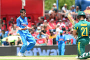 Yuzvendra Chahal of India celebrates the wicket of SA's JP Duminy during yesterday's  second Momentum ODI  in Centurion. Chahal returned figures of 5/22 as India  won.