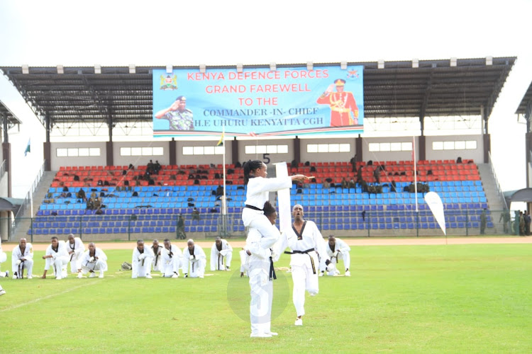 Karate group entertains guests during KDF farewell ceremony for President Uhuru Kenyatta at Ulinzi Complex on September 9, 2022.