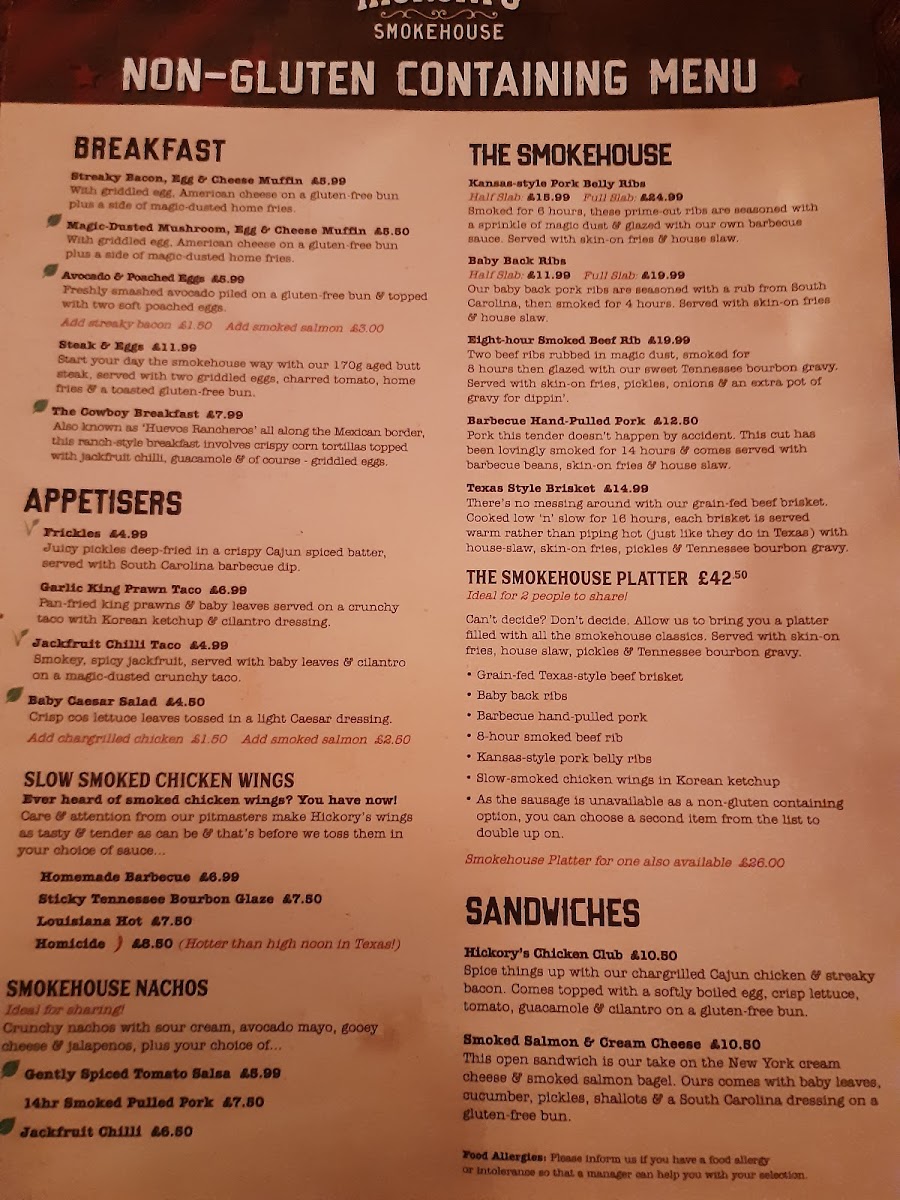 Hickory's - Castle Bromwich gluten-free menu