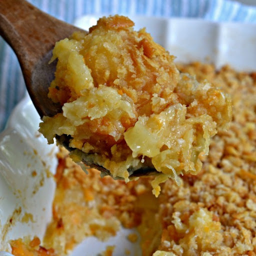 This traditional southern Pineapple Casserole recipe brings canned pineapple, flour, cheddar cheese, butter and crushed crackers together in a mouthwatering dish that can serve as a side or a dessert.