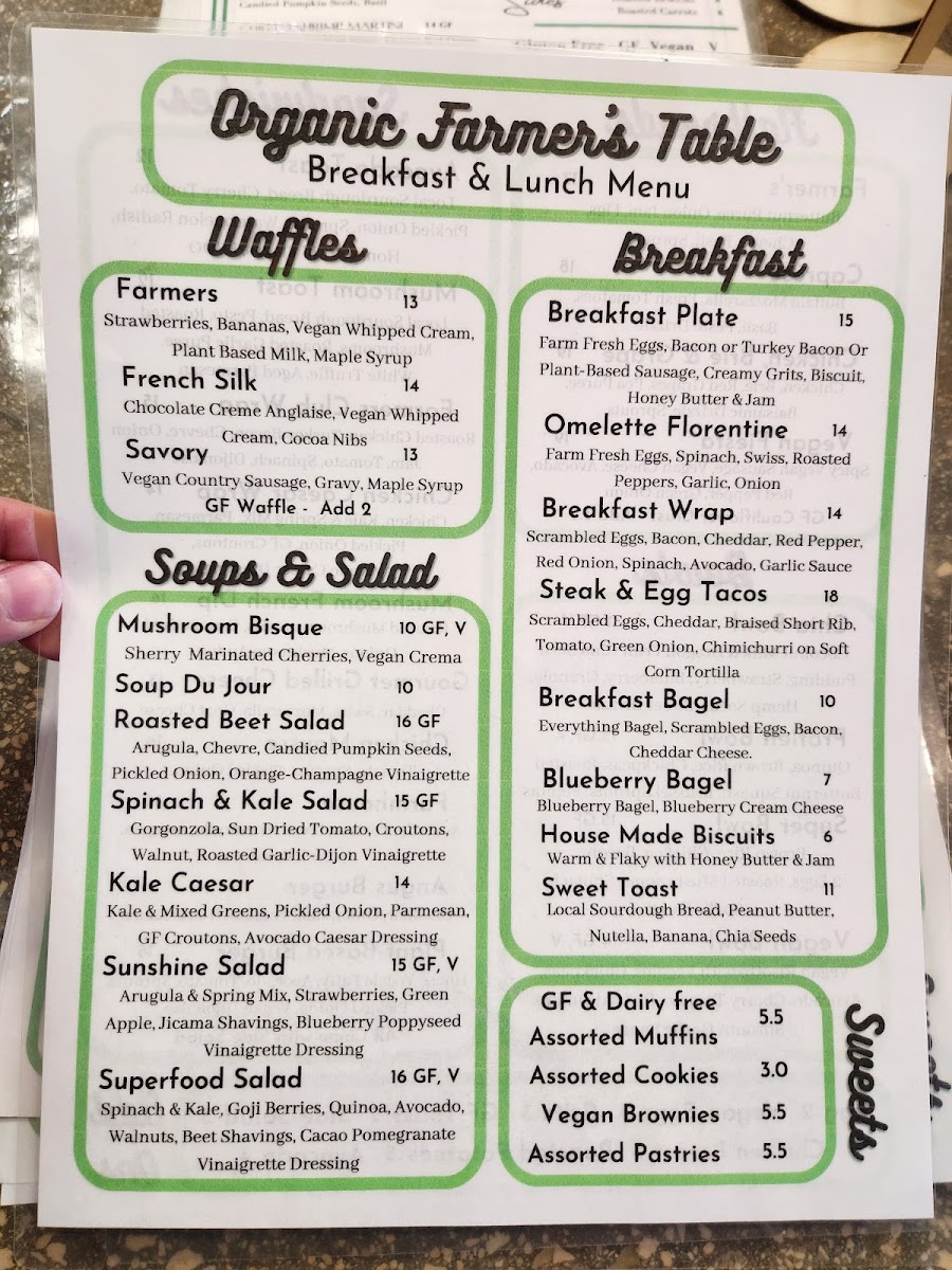 Organic Farmer's Table gluten-free menu