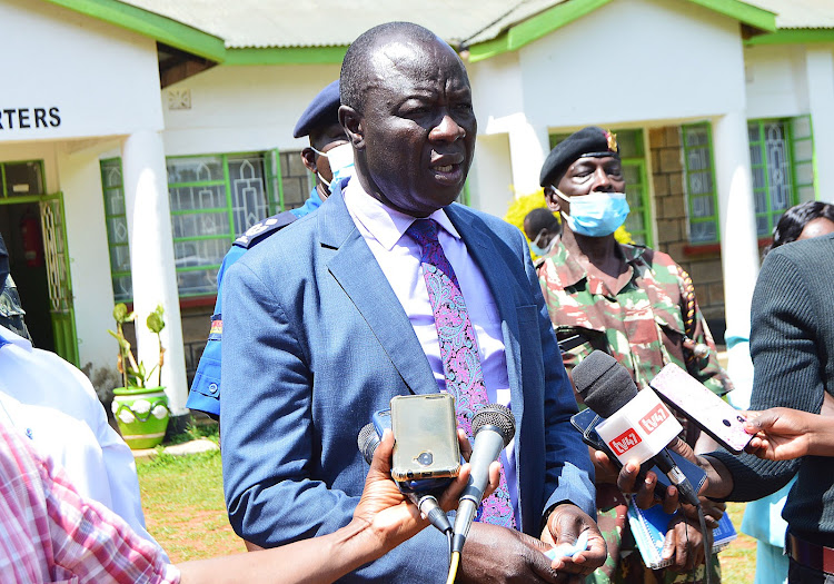 Kakamega county commissioner John Ondego addresses the media after a meeting with the candidates for various positions at the IEBC office, on Wednesday, June 22, 2022.