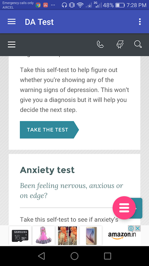 Android application Depression &amp; Anxiety Test screenshort