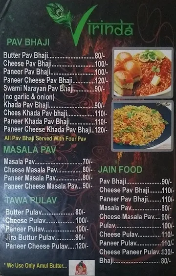 Virinda Pav Bhaji menu 