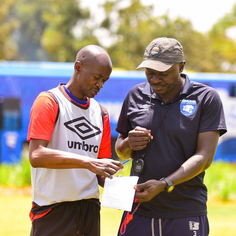 AFC Leopards coach Tom Juma (R) with his assistant Fred Ambani during a past training session