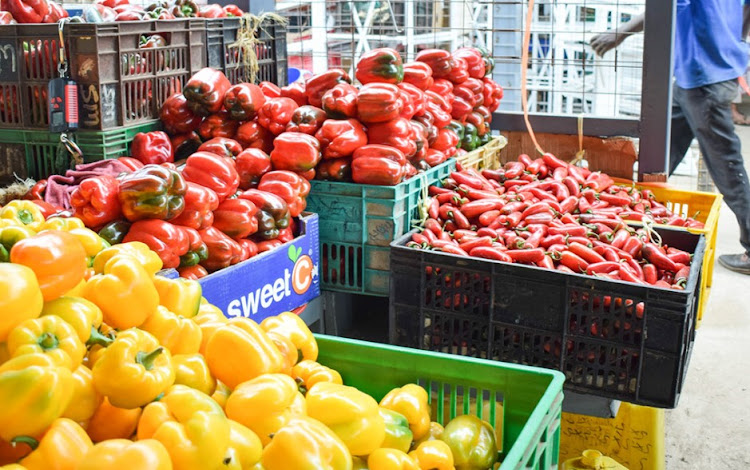 Chili, red and yellow peppers at city market in Nairobi