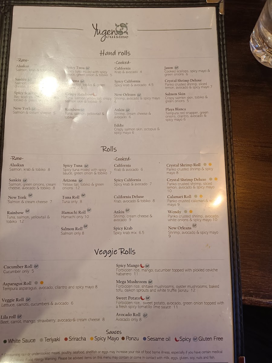 Yūgen Cuisine gluten-free menu