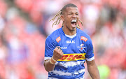 Clayton Blommetjies of the Stormers celebrating as he scores his try during the United Rugby Championship match against Lions at Emirates Airline Park on October 29.