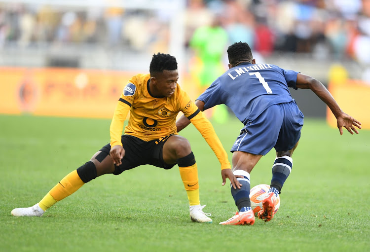 Mduduzi Shabalala of Kaizer Chiefs and Lindokuhle Mtshali of Swallows FC during the DStv Premiership match at Peter Mokaba Stadium on May 01, 2023.