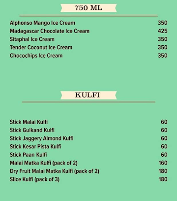 NIC ICE Creams menu 