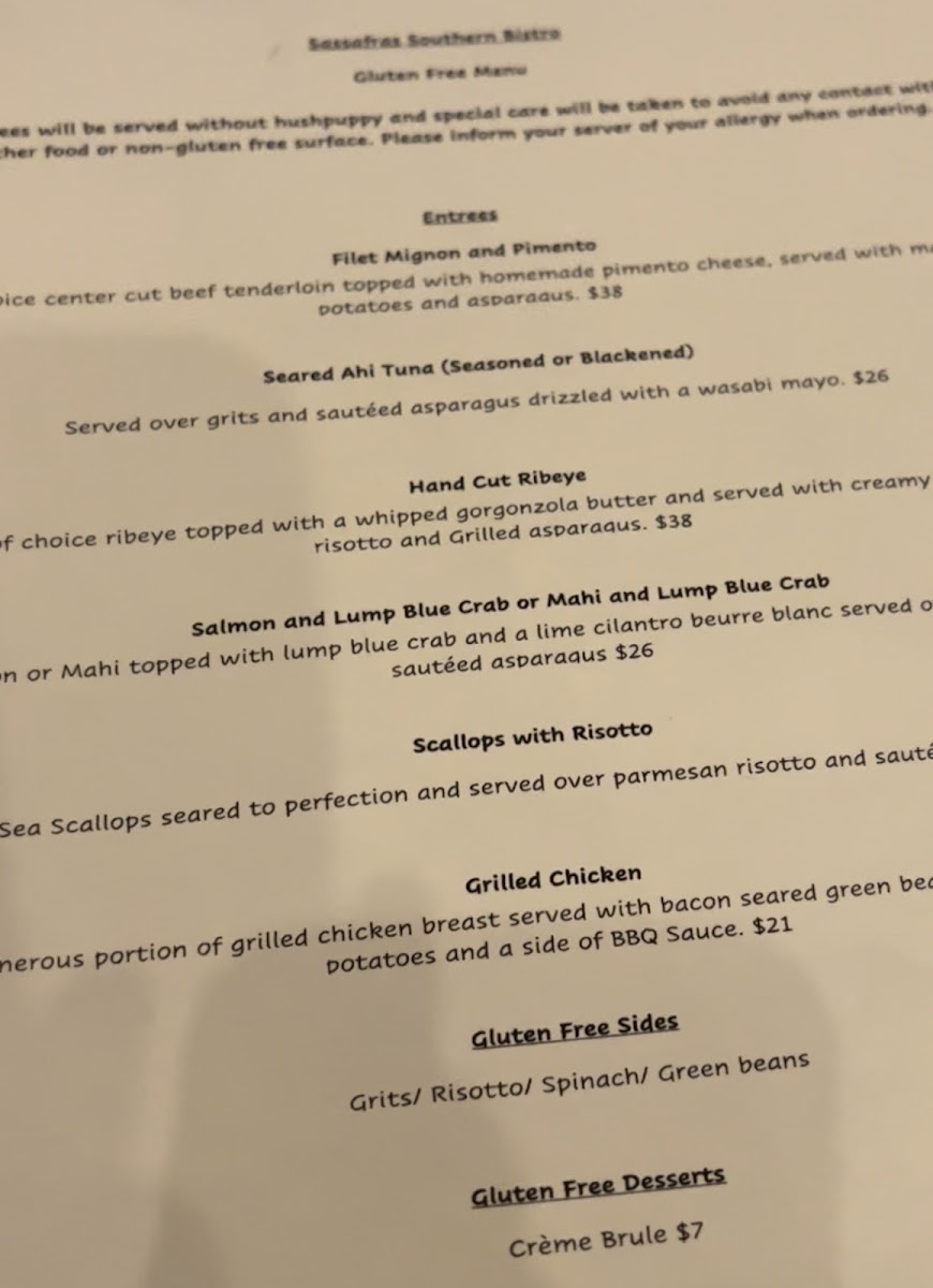 Sassafras Southern Bistro gluten-free menu