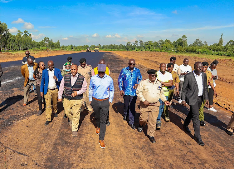 Interior CS Raymond Omollo leads other national and county government officials in inspecting refurbishment of Matulo Airstrip in Bungoma county on Thursday, May 9, 2024.