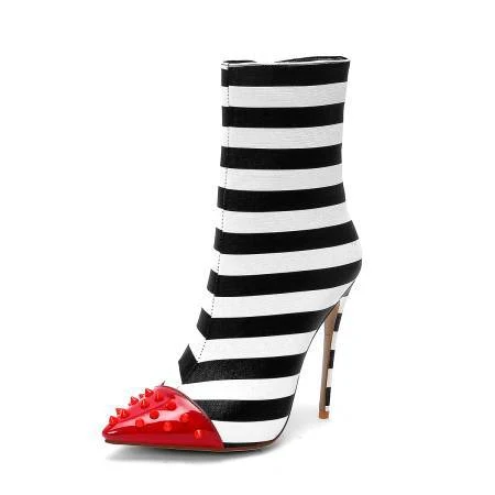 Zapatos de tacón ultra alto de 12cm con diseño a rayas y contraste, punta remachada para un look audaz y elegante