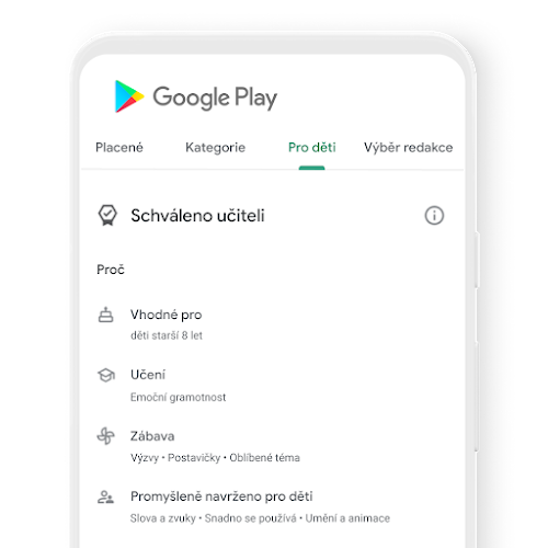 Telefon s Google Play a kartou Děti, na které je obsah schválený učitelem