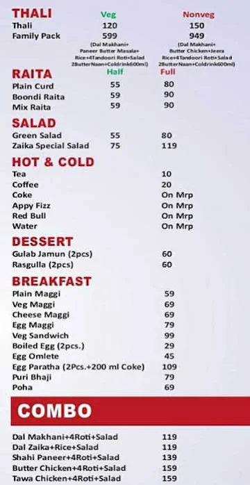 Zaika Food Cafe menu 