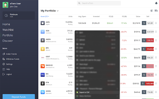 eToro CSV Portfolio Exporter