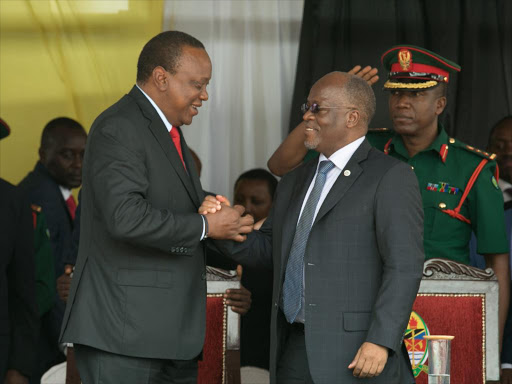 President Uhuru Kenyatta and Tanzanian President John Magufuli during the official opening of the Namamga One Stop Border Post, Namanga.