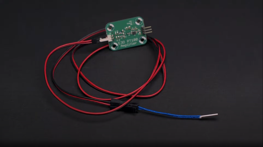  alt="A PT100 and its amplifier board, used to increase the maximum temperature range that the 3D printer can reliably sense." title="A PT100 and its amplifier board, used to increase the maximum temperature range that the 3D printer can reliably sense." 