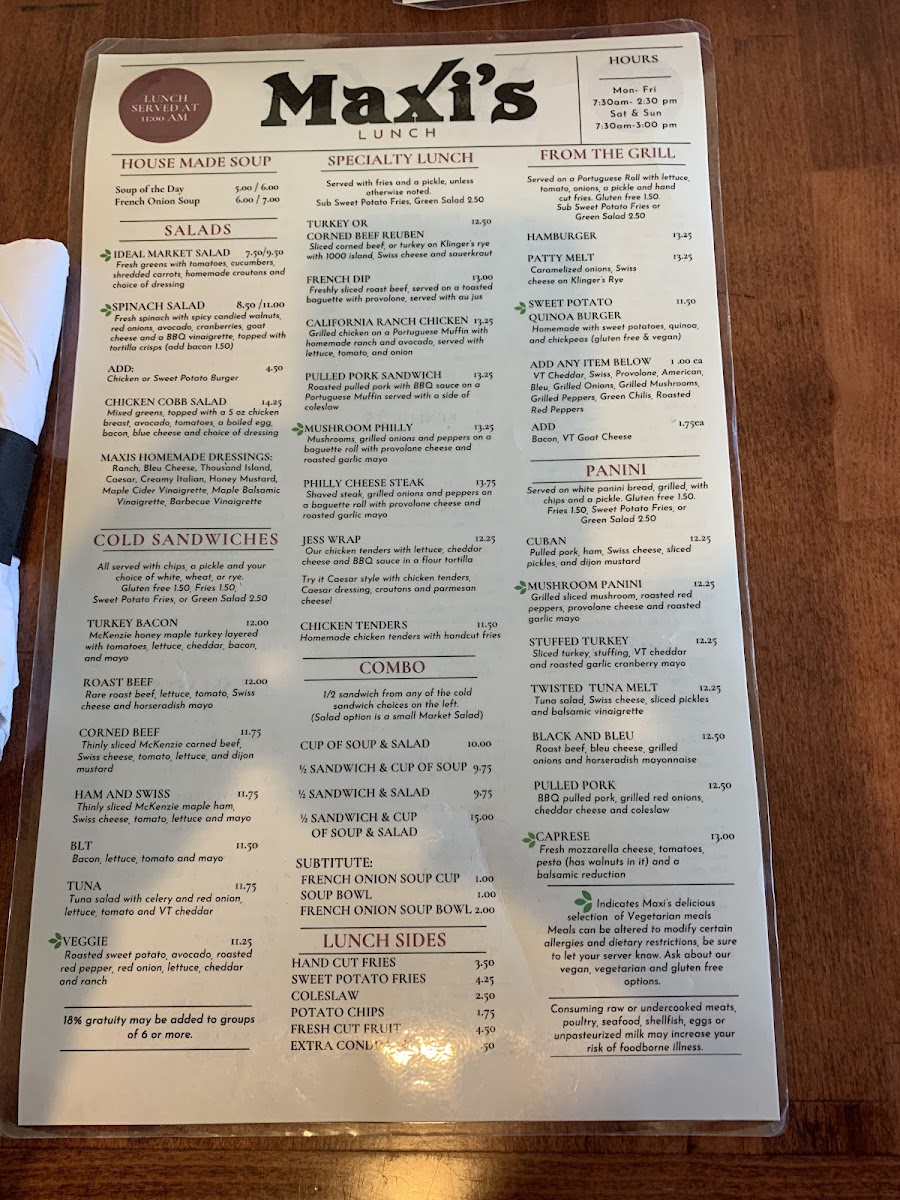 Maxi's Restaurant gluten-free menu