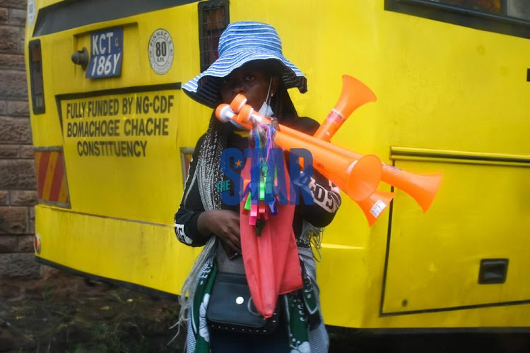 Traders took advantage of the Kasarani jamboree as they sold merchandise from vuvuzelas, whistles, ODM wrist bands and flags.