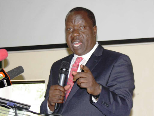 Interior CS Fred Matiangi speaking at the Kenya School of Government on October 23, 2017..