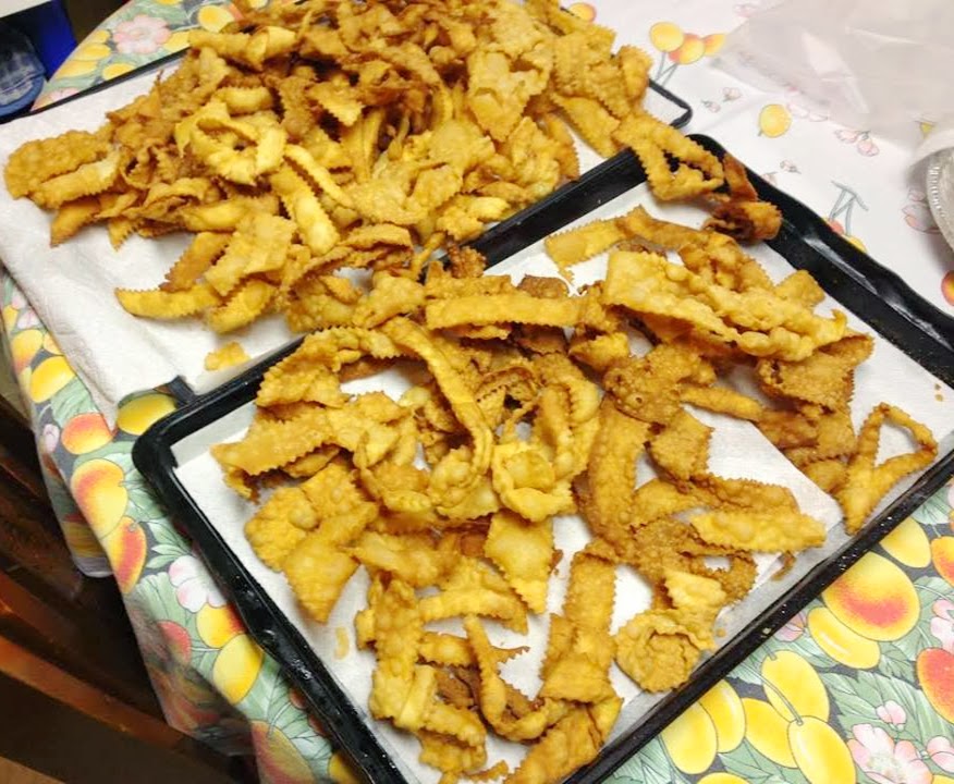 Cenci or Chiacchiere - Fried Ribbons - prior to adding powdered sugar.  Note our strips are a bit longer in size then the shape outlined in the recipe