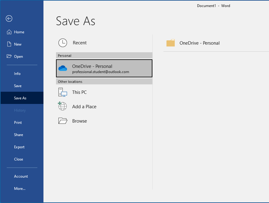 Screenshot of the option to save to OneDrive in Microsoft Word after selecting File, Save As