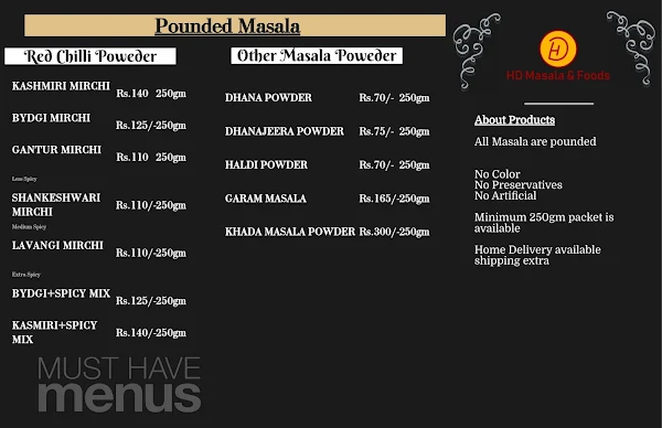 HD Masala & Foods menu 