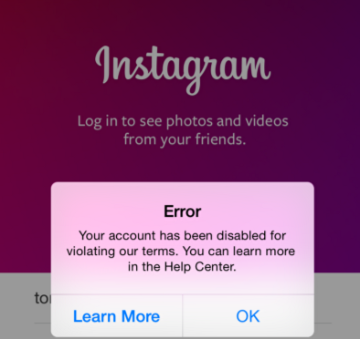 Error message about violating Instagram policies